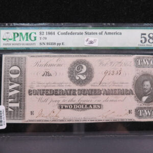 1864 $2 C.S.A. Note, Civil War Era Currency. PMG CAU-58. Store Sale #04873