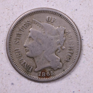 1865 3 Cent Copper Nickel., Very Good Circulated Coin., Store#1002