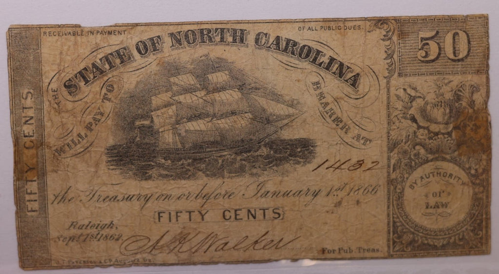 1866 50 Cent., State of North Carolina., Obsolete Currency., Store #NC001