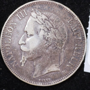 1870 French Silver Five Franc Coin, Affordable Circulated Coin. Store #14012