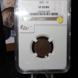 1871 Indian Head Small Cent. NGC Graded VF20 BN. Store # 08499