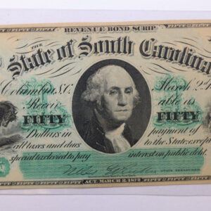 1872 $50., Revenue Bond Script., South Carolina., Obsolete Currency., Store #SC015.