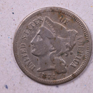 1874 3 Cent Copper Nickel., Very Good Circulated Coin., Store#0985