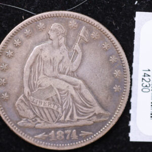 1874 Seated Liberty Half Dollar, Affordable Collectible Circulated Coin, Store #14230