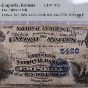 1882 $10., Emporia, KS., Value Back., National Currency., Store #0815