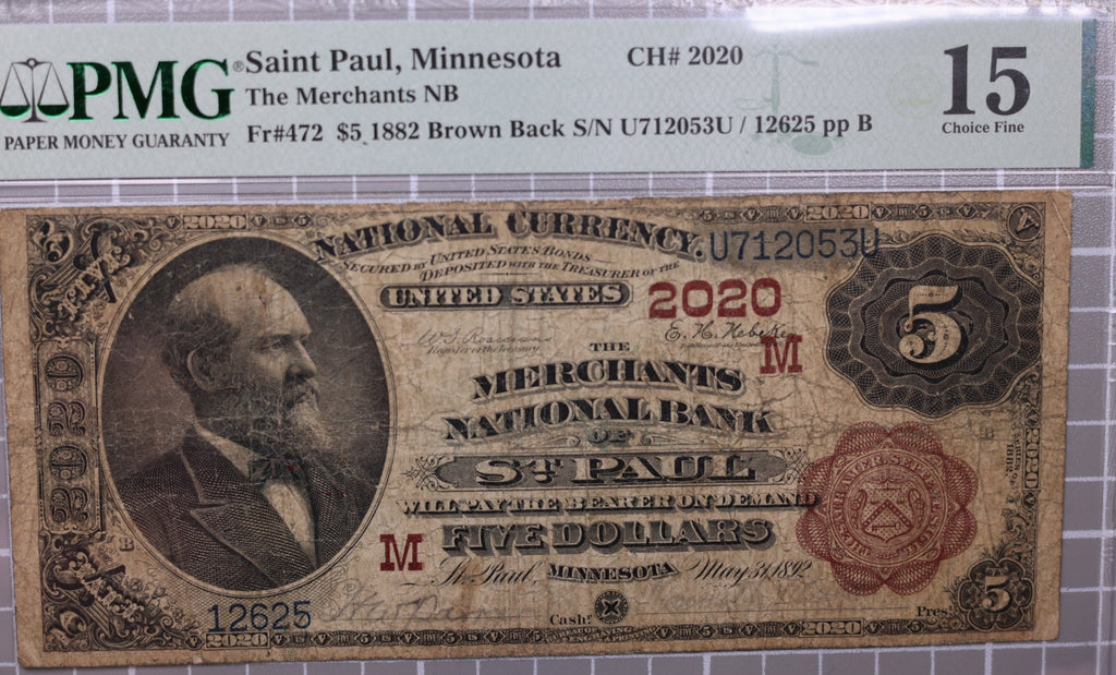 1882 $5., Saint Paul, MN., Brown Back., PMG F15., National Currency., #0816