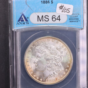 1886 Morgan Silver Dollar, Affordable Date, ANACS Certified MS64. Store #08727