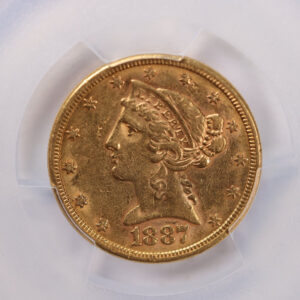 1887-S $5 Gold Liberty., 'Half Eagle'., PCGS Graded AU-50., Store #2183