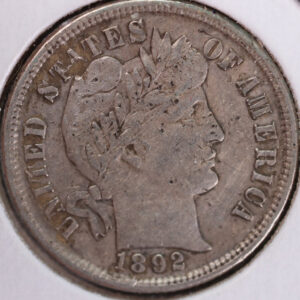 1892 Barber Silver Dime, Very Fine+ Circulated Coin, Store #d892.01