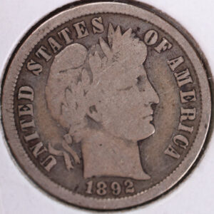 1892 Barber Silver Dime, Very Good+ Circulated Coin, Store #d892.02