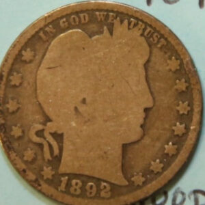 1892 Barber Silver Quarter, Circulated Good Details. Store #231215003