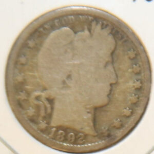 1892 Barber Silver Quarter, Circulated VG Details. Store #231215072