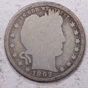 1892-S Barber Silver Quarter., Good., Circulated Coin., Store #1338