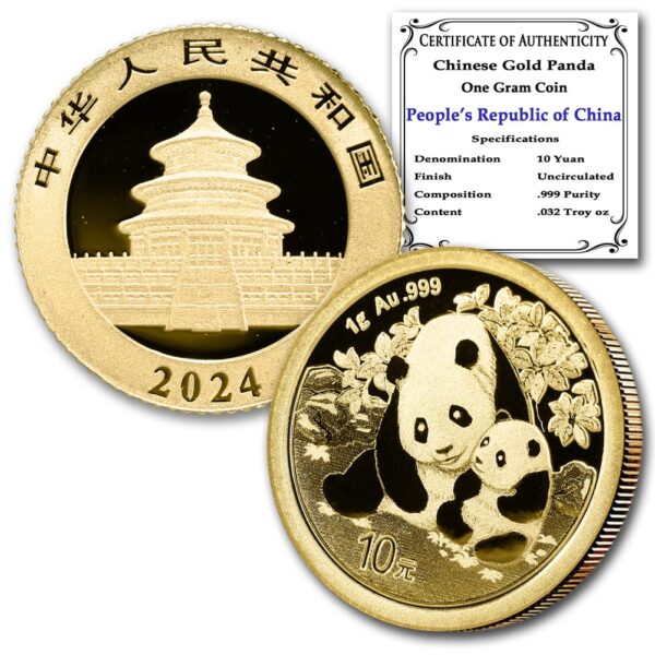 2024 1 Gram Gold Chinese Panda Coin Brilliant Uncirculated with Certificate of Authenticity 10¥ BU