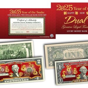 2025 New Year of The Snake Uncirculated Two and One Dollar Bill Special Edition Collectible Chinese CNY Set Dual 8’s Gold Matching Snakes in RED Lunar Envelope - Limited & Numbered