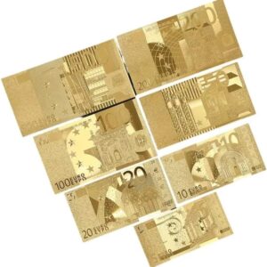 7PCS 24k Gold Euro Bills Set Money, Souvenir Banknote 5/10/20/50/100/200/500 Euro Bill, Set of Gold Commemorative Bills with Gold Foil