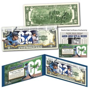 Aaron Judge 62 Home Run Officially Licensed Uncirculated Two Dollar Bill Special Edition Collectible Display Holder and Certificate
