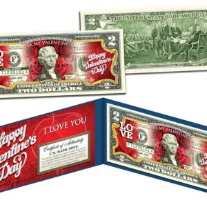 Happy Valentine's Day Red Uncirculated Two Dollar Bill Special Edition Collectible Display Holder and Certificate